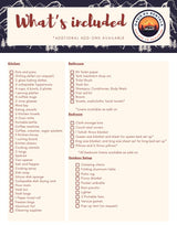 "What's included" RV rental checklist: kitchen, bathroom, bedroom, & outdoor setup items.