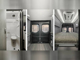 An RV rental interior showing a small shower/toilet, rear doors with windows, and a raised bed.