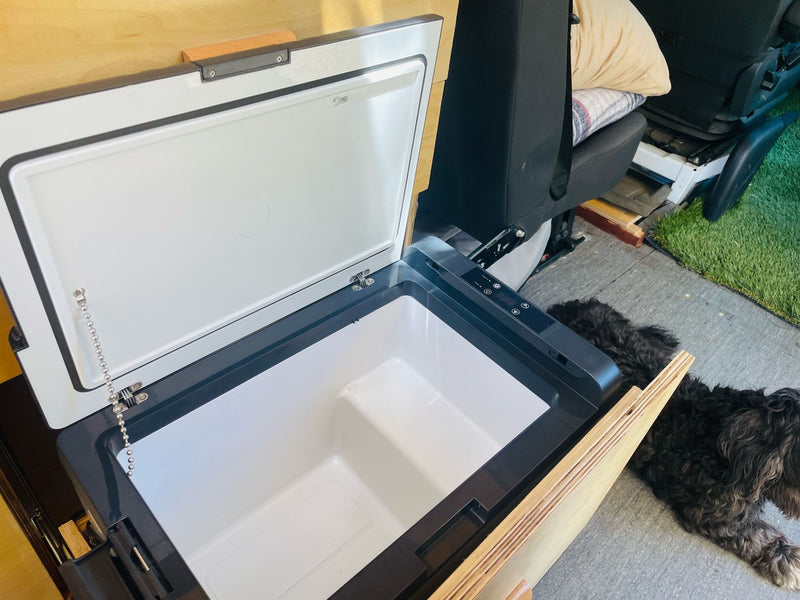 Essentials for your RV rental: An open portable fridge, ready for food & drinks. A fluffy dog lounges on the floor. — photo 6