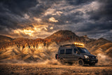 This rugged off-road Mercedes Sprinter van, perfect for an RV rental, kicks up dust in a dramatic desert landscape with epic mountains and a golden sky.