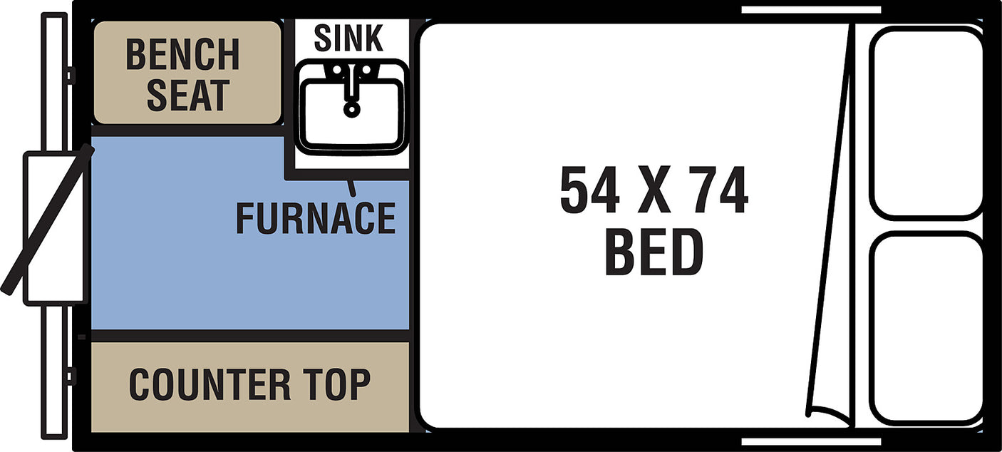 Compact RV rental floor plan shows a bench seat, sink, furnace, counter, and 54x74 bed, ideal for adventure.