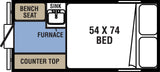 Compact RV rental floor plan shows a bench seat, sink, furnace, counter, and 54x74 bed, ideal for adventure.