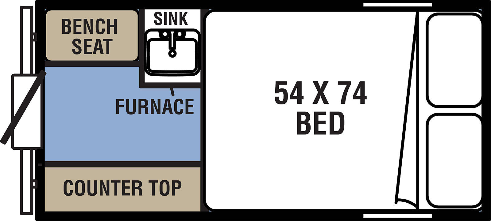 Compact RV rental floor plan shows a bench seat, sink, furnace, counter, and 54x74 bed, ideal for adventure.