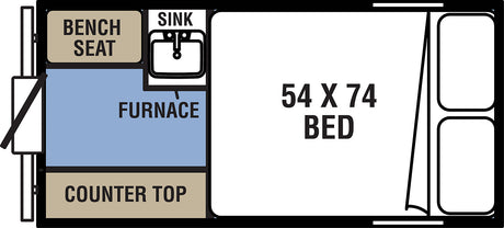 Compact RV rental floor plan shows a bench seat, sink, furnace, counter, and 54x74 bed, ideal for adventure.