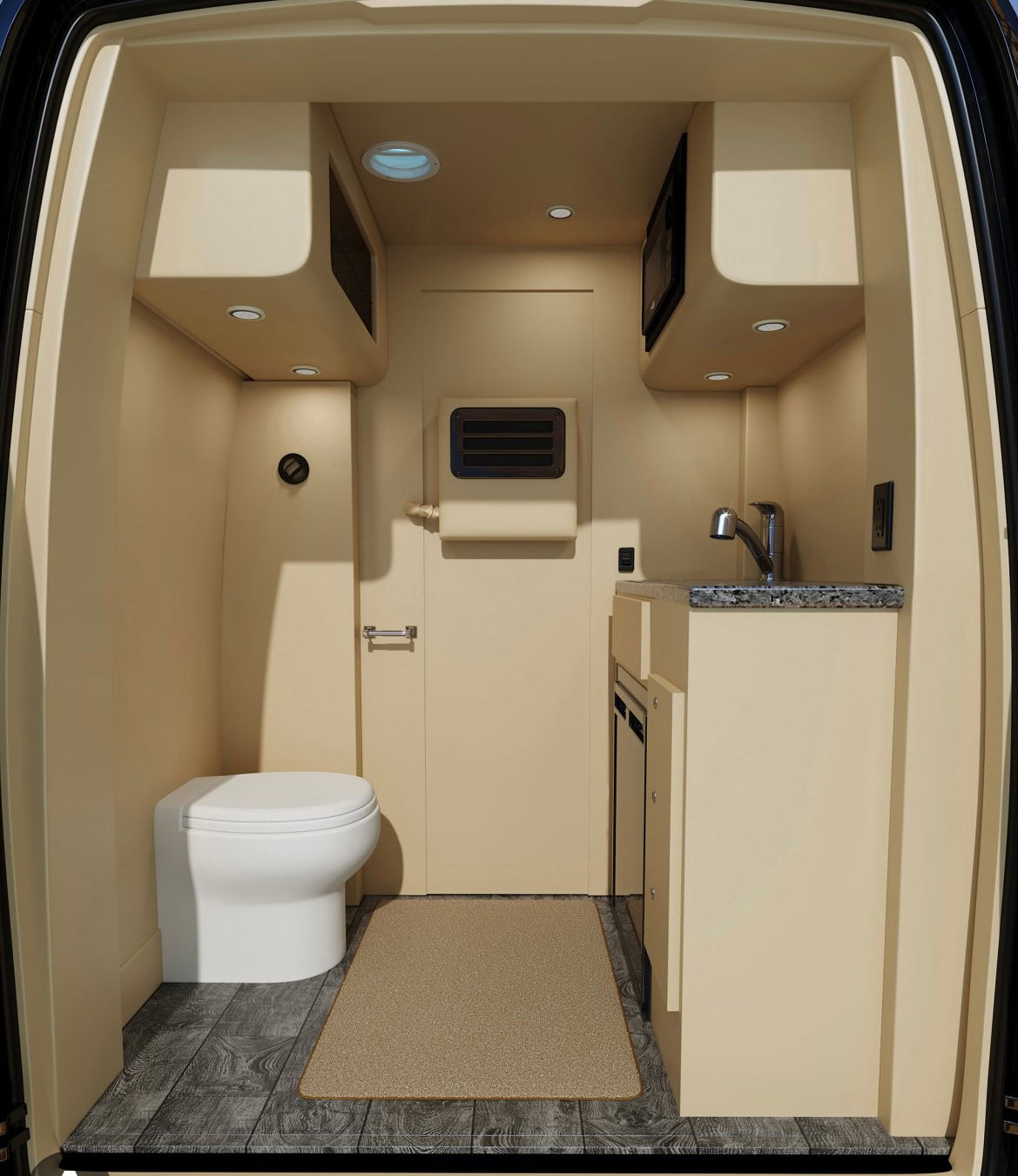 Compact RV rental interior with toilet, kitchenette (sink, microwave), and wood-look flooring. Perfect for travel.