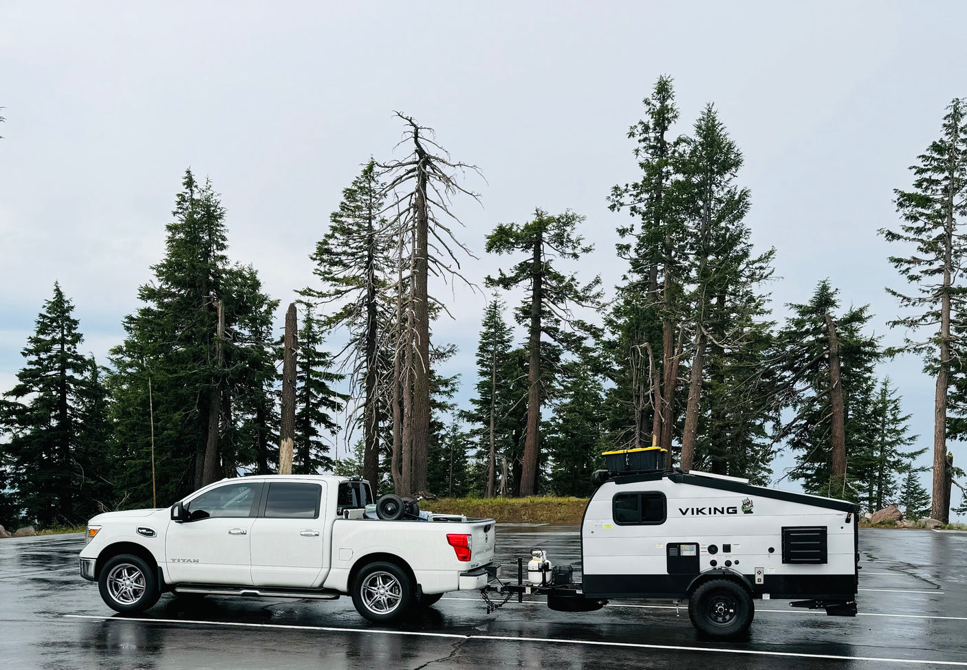 White truck towing a Viking outdoor RV rental trailer on wet asphalt, among tall pine trees. Perfect for your next adventure!