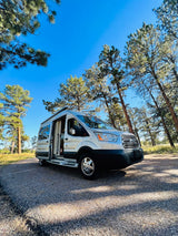 Silver camper van RV rental parked in a sunlit pine forest, side door open, perfect for nature road trips.