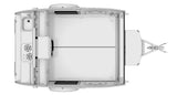 Overhead view of an RV rental teardrop trailer, revealing its rear galley kitchen, central bed, and storage layout.