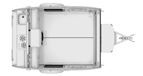Overhead view of an RV rental teardrop trailer, revealing its rear galley kitchen, central bed, and storage layout.