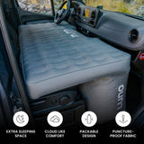 This Luno inflatable mattress transforms an RV rental's front cabin into extra sleeping space, featuring a packable, puncture-proof design.