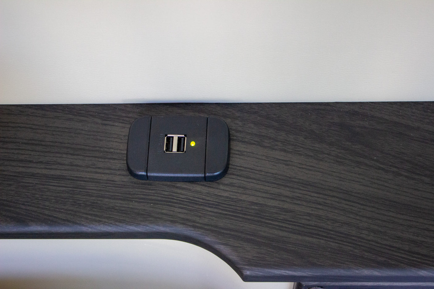 Close-up of a dual USB charging port with a yellow power indicator in an RV rental. Charge your devices easily.