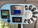 Essential RV rental controls: switches, AC outlet, USB, and digital displays for power and utility monitoring.