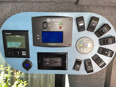 Essential RV rental controls: switches, AC outlet, USB, and digital displays for power and utility monitoring.