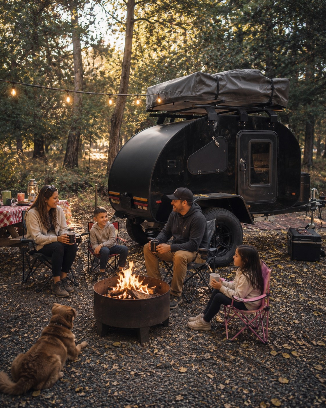 A family & their dog gather by a campfire next to a black teardrop RV rental