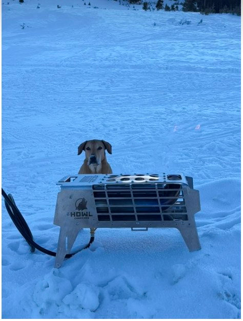 A dog sits behind a portable Howl Campfire in the snow. Great for cozy winter **RV rental** trips and outdoor adventure!