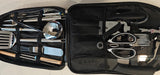 Compact RV rental camping kitchen kit featuring spatulas, ladle, can opener, pizza cutter, and more essential cooking tools.
