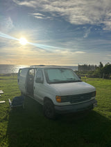 White camper RV rental van parked on green grass by the ocean at sunset, side door open for a scenic travel experience.