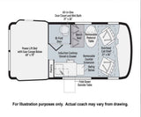 Detailed RV rental floor plan shows a power lift bed, wet bath, kitchen, dining, and cab seats for compact travel.