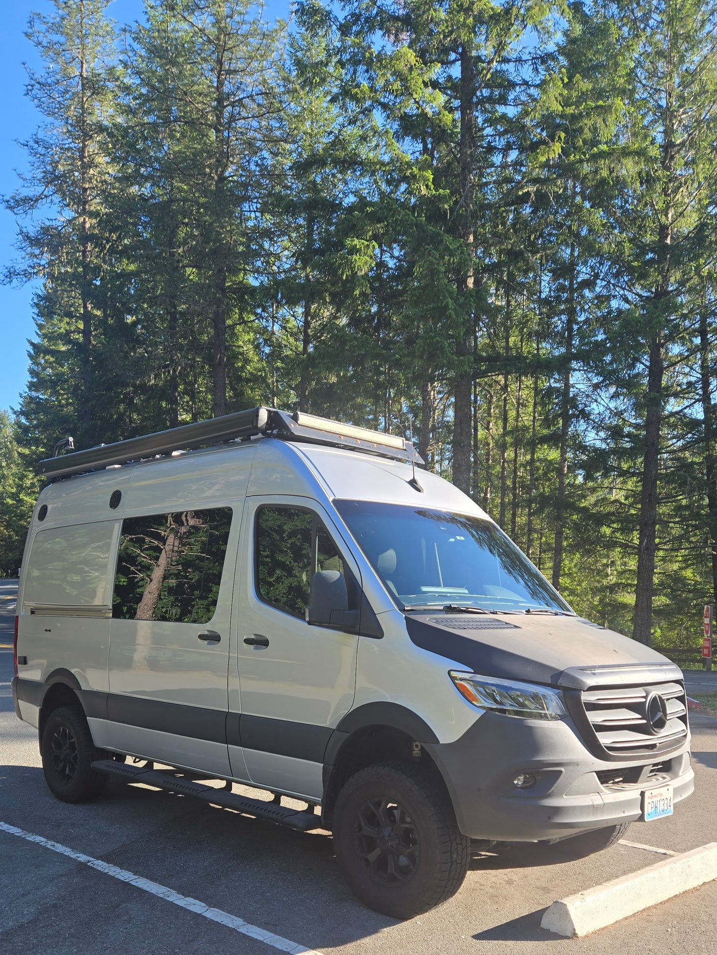Silver Mercedes-Benz Sprinter camper van parked among tall trees. Ready for your next RV rental adventure!