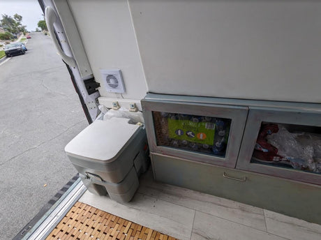 RV rental interior features a portable toilet, ventilation fan, and storage cabinets with bottled water.