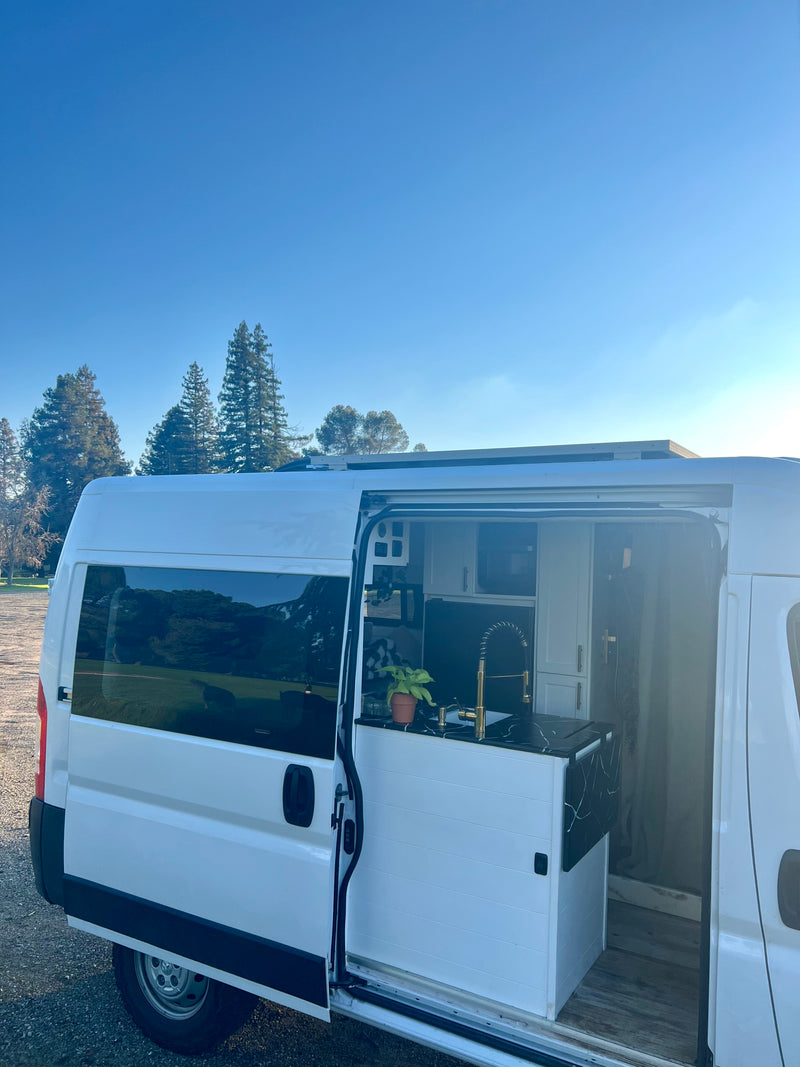 White camper van RV rental with open side door showing a modern kitchen, sink, plant, and shower area for your adventures. — photo 12