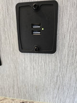Dual USB charging station with a green LED, mounted on a wood-grain wall, useful in an rv rental.