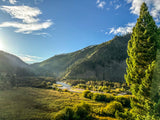 Scenic mountain valley, river, and lush trees in sunlight for your RV rental adventure.