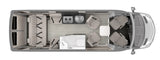 Detailed RV rental interior floor plan from above, featuring a kitchen, bathroom, front swivel seats, and rear convertible seating/bed.