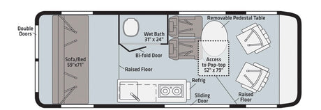 This RV rental floor plan details a compact camper van layout with a sofa/bed, wet bath, kitchenette, dining, and pop-top access.