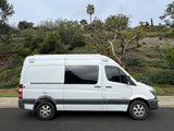 White Mercedes-Benz Sprinter camper van, great for an RV rental adventure, parked on a street with a lush green hillside.