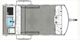 Overhead RV rental floor plan: a compact travel trailer with a kitchen area (stove, sink) and open living space.