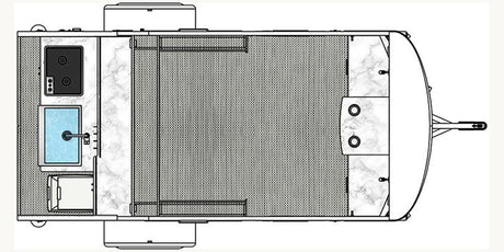 Overhead RV rental floor plan: a compact travel trailer with a kitchen area (stove, sink) and open living space.