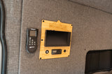 rv rental van's organized control panel: MaxxAir fan remote, Vanworks bamboo panel with system screen, Eberspächer, lights & awning.