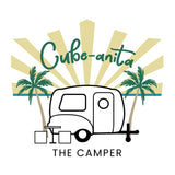 Cube-anita RV rental logo: Features a classic camper, palm trees, sun rays & ocean, perfect for a tropical getaway.