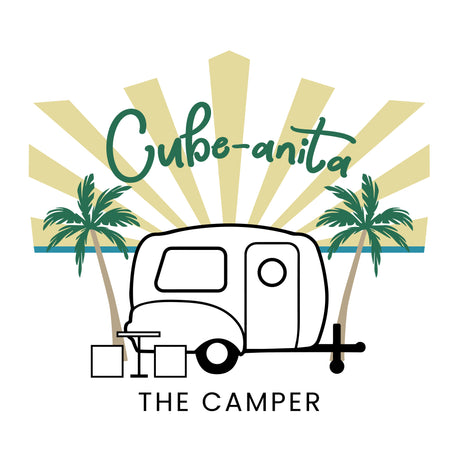 Cube-anita RV rental logo: Features a classic camper, palm trees, sun rays & ocean, perfect for a tropical getaway.