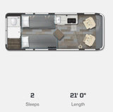 This RV rental floor plan displays a 21-ft motorhome interior with two single beds, kitchen, & bathroom. Sleeps 2.