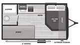 RV rental floor plan shows full-size bed, bunks, bath, kitchen, 8' awning, and exterior storage.