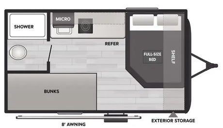 RV rental floor plan shows full-size bed, bunks, bath, kitchen, 8' awning, and exterior storage.