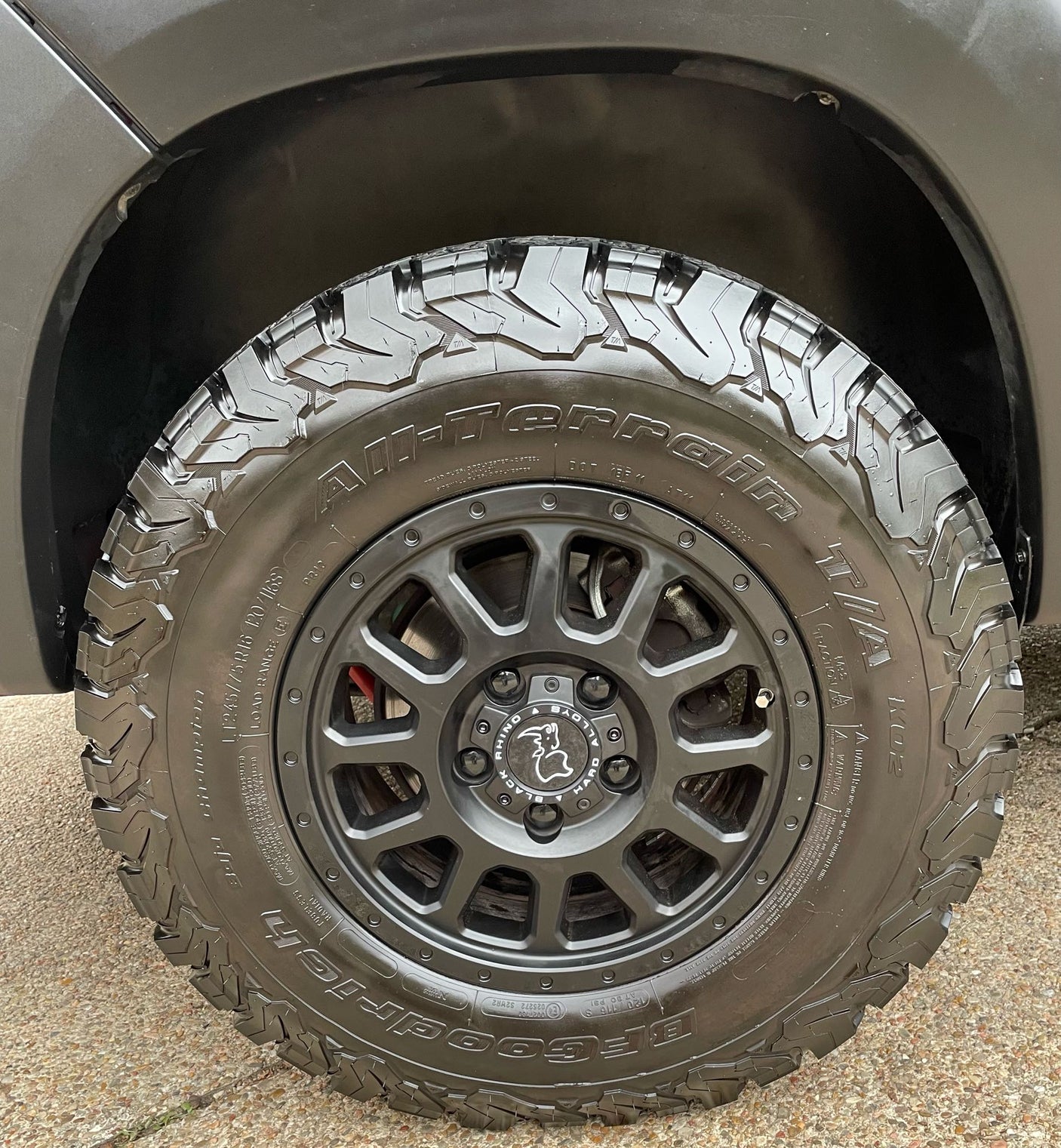 A rugged BFGoodrich All-Terrain tire and Black Rhino wheel, excellent for an RV rental adventure.