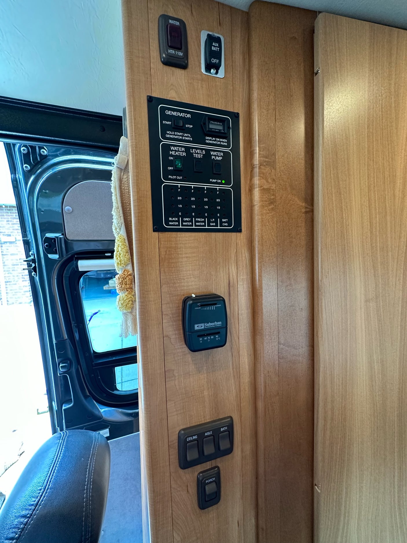 RV rental control panel: detailed view of the main utility board with generator, water, tank level, and lighting switches.