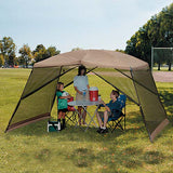 RV rental brings comfort! Family under a portable shade canopy with table & cooler in a park, enjoying an outdoor outing.