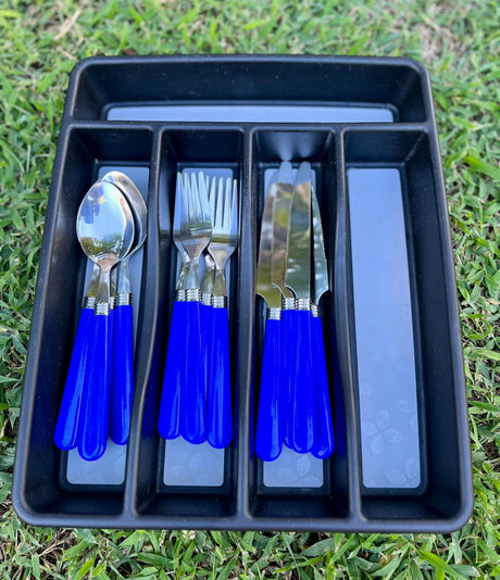 Blue-handled spoons, forks, & knives in a black organizer. Great for your RV rental camping trip!
