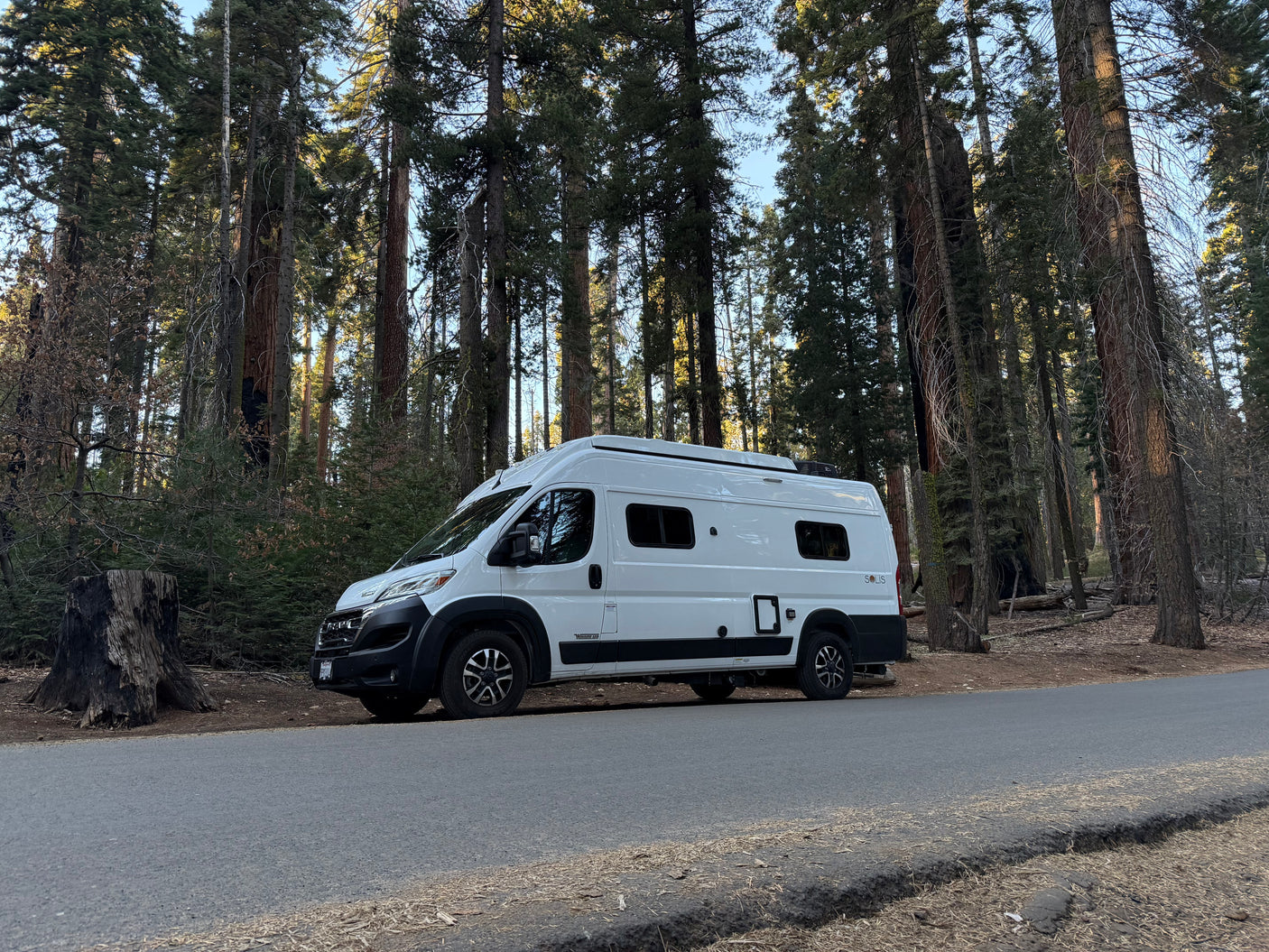 A white Solis RV rental is parked on a forest road, surrounded by towering trees, ready for your wilderness adventure.