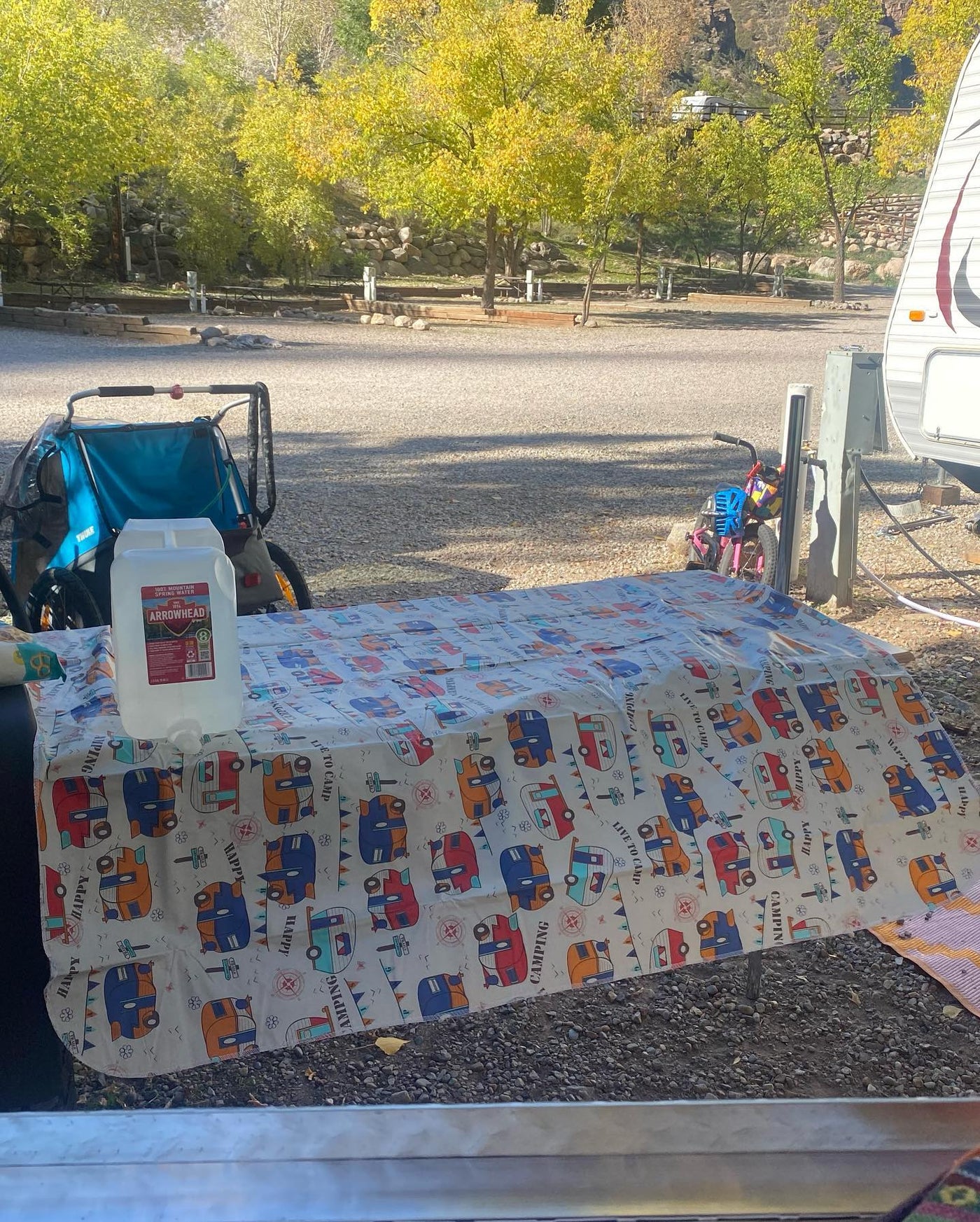 Enjoying a fall RV rental trip: campsite scene with a cheerful table, water, child carrier & bike. — photo 5
