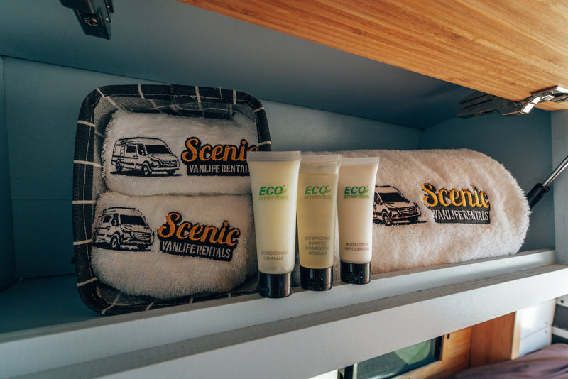  and scenic window. Ideal for RV rental trips.|Compact RV rental kitchenette with a two-burner stove — photo 17