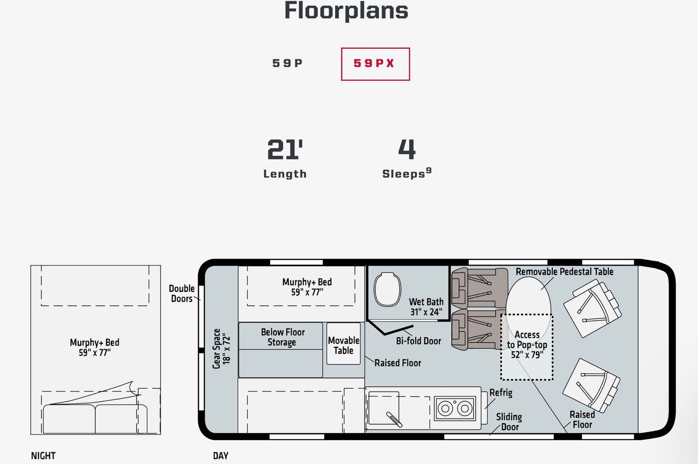 RV rental floorplan (59 PX) detailing day/night interior layouts: bed, bath, kitchen, dining, pop-top access. — photo 20
