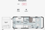 RV rental floorplan (59 PX) detailing day/night interior layouts: bed, bath, kitchen, dining, pop-top access.