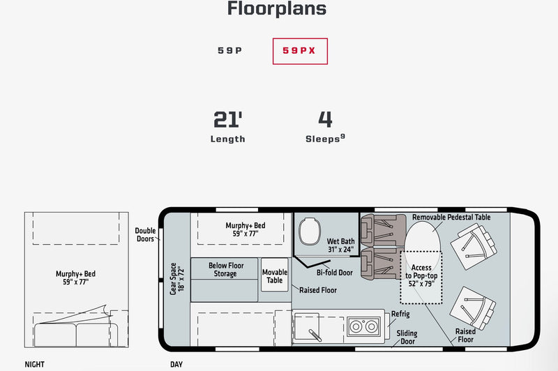 RV rental floorplan (59 PX) detailing day/night interior layouts: bed, bath, kitchen, dining, pop-top access. — photo 20