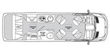 RV rental floor plan: Overhead view of a camper van interior, detailing seating, kitchen, wet bath, and rear lounge.
