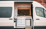 Modern white RV rental camper van interior. Side door open revealing a clean kitchen with cabinets, sink, & fridge, ideal for travel.